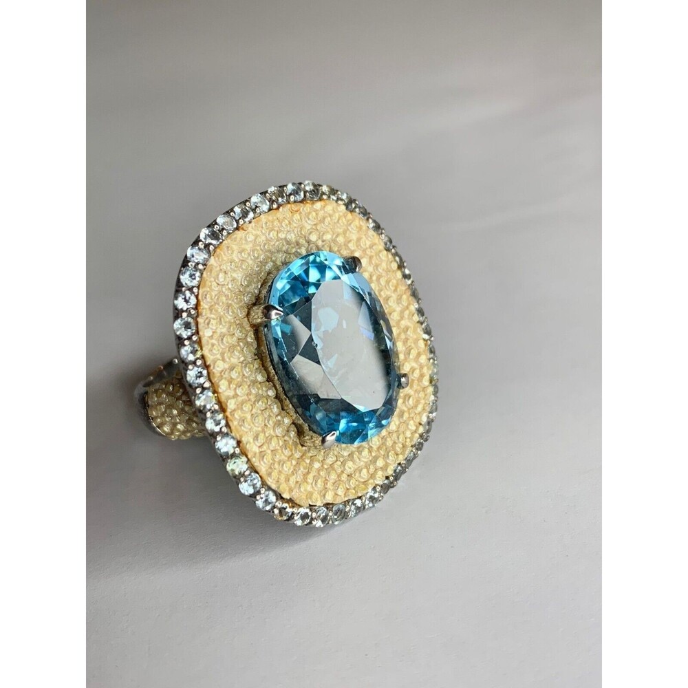 Carlos Falchi Blue Crystal Center Ring with Cream Pavé